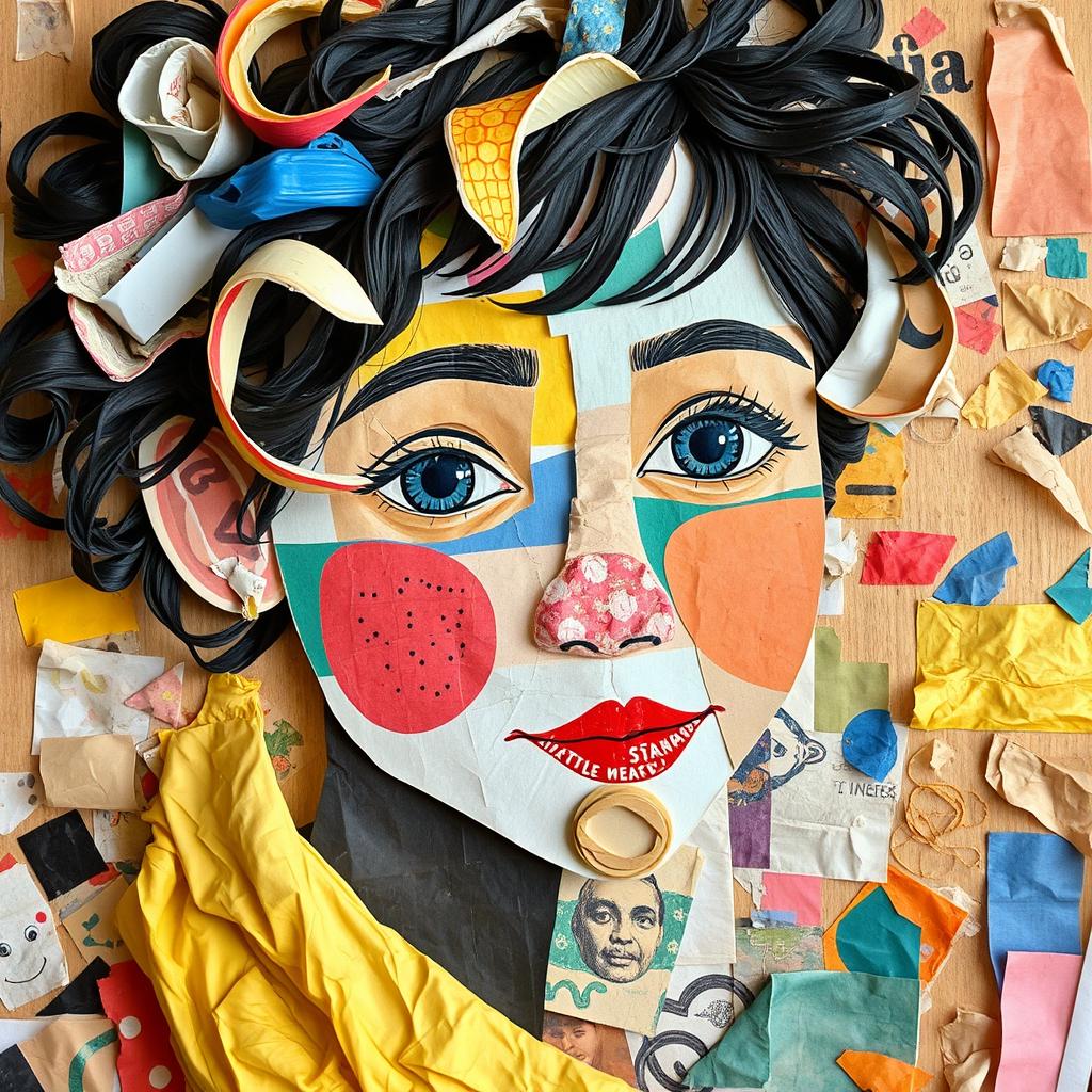A creative collage self-portrait made from everyday materials like wrapping paper, fruit peels, and clothing scraps