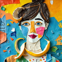 A creative collage self-portrait made from everyday materials like wrapping paper, fruit peels, and clothing scraps