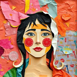 A creative collage self-portrait made from everyday materials like wrapping paper, fruit peels, and clothing scraps