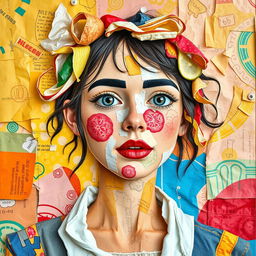 A creative collage self-portrait made from everyday materials like wrapping paper, fruit peels, and clothing scraps