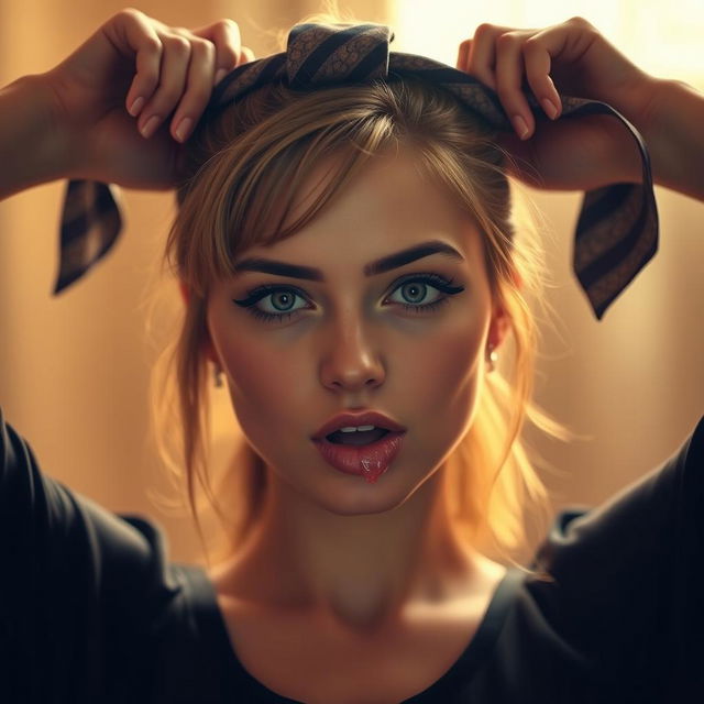 A young woman with a striking look is tied up with a men's tie above her head, creating a bold and expressive pose