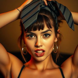 A young woman with a striking look is tied up with a men's tie above her head, creating a bold and expressive pose