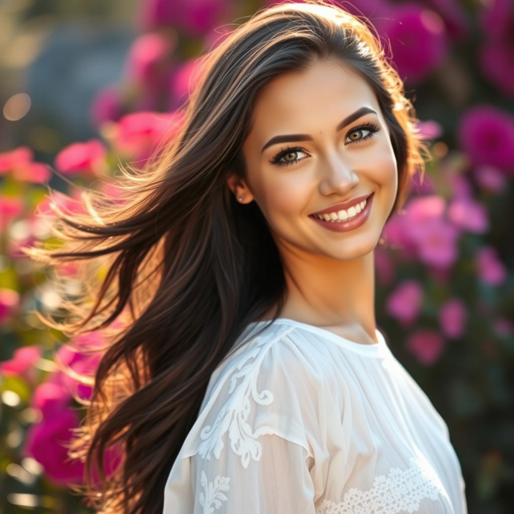 A stunning portrait of a confident young woman with flowing dark hair, bright blue eyes, and a warm smile