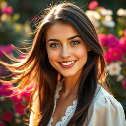 A stunning portrait of a confident young woman with flowing dark hair, bright blue eyes, and a warm smile