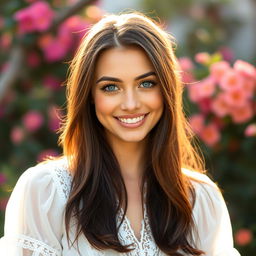 A stunning portrait of a confident young woman with flowing dark hair, bright blue eyes, and a warm smile
