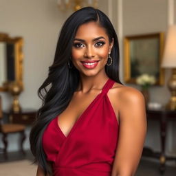 A stunning portrait of a confident woman with long flowing black hair and expressive dark brown eyes