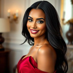 A stunning portrait of a confident woman with long flowing black hair and expressive dark brown eyes