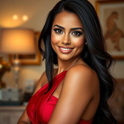 A stunning portrait of a confident woman with long flowing black hair and expressive dark brown eyes