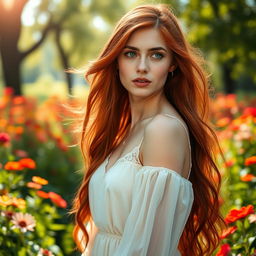A stunning portrait of a young woman with long, flowing red hair and sparkling green eyes