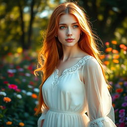 A stunning portrait of a young woman with long, flowing red hair and sparkling green eyes
