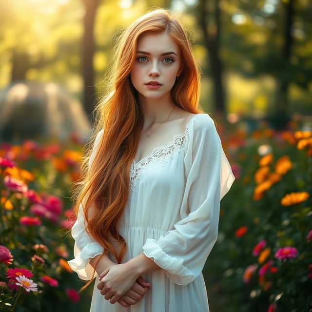 A stunning portrait of a young woman with long, flowing red hair and sparkling green eyes