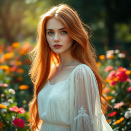 A stunning portrait of a young woman with long, flowing red hair and sparkling green eyes