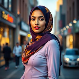 A confident young woman wearing a stylish and fashionable hijab, elegantly draped to complement her outfit