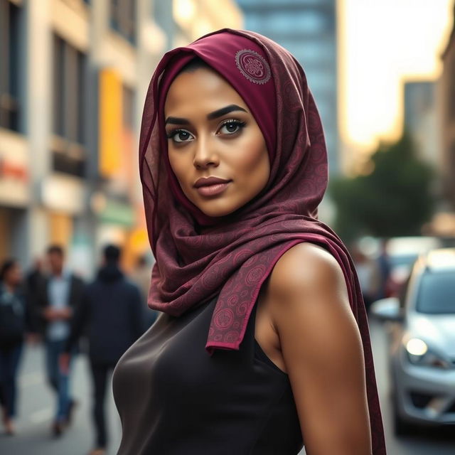 A confident young woman wearing a stylish and fashionable hijab, elegantly draped to complement her outfit