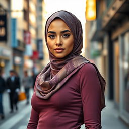 A confident young woman wearing a stylish and fashionable hijab, elegantly draped to complement her outfit