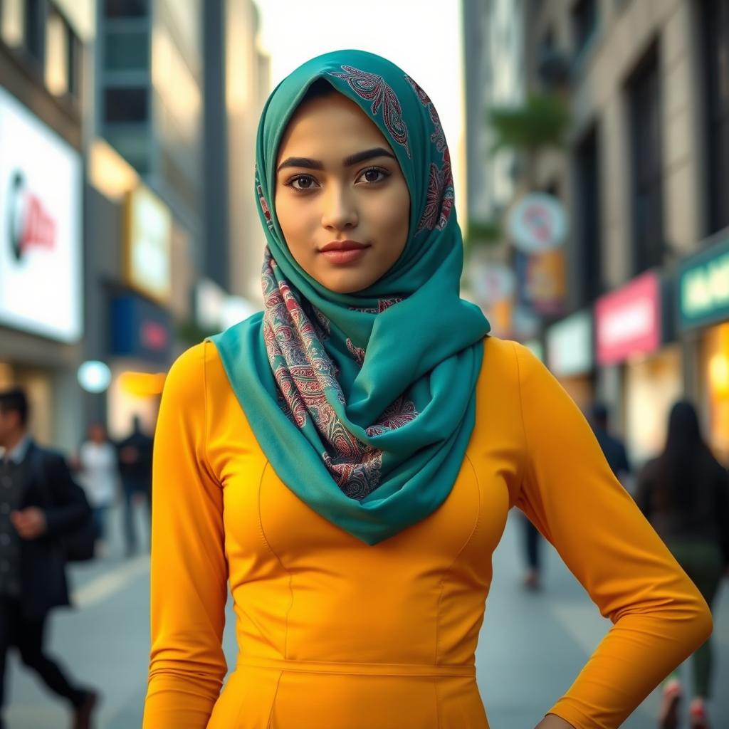 A confident young woman wearing a stylish and fashionable hijab, elegantly draped to complement her outfit