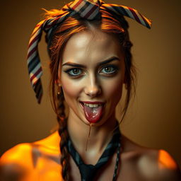 A young woman is artistically tied up with a men's tie above her head, portraying an adventurous and bold aesthetic