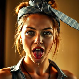 A young woman is artistically tied up with a men's tie above her head, portraying an adventurous and bold aesthetic