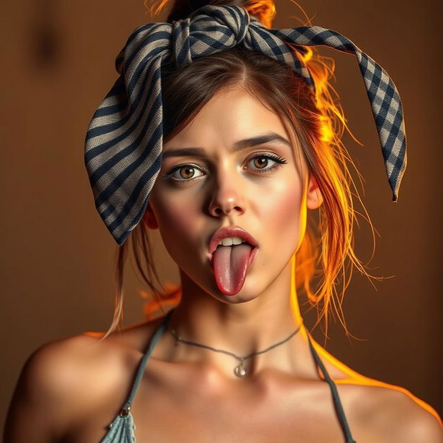 A young woman is artistically tied up with a men's tie above her head, portraying an adventurous and bold aesthetic