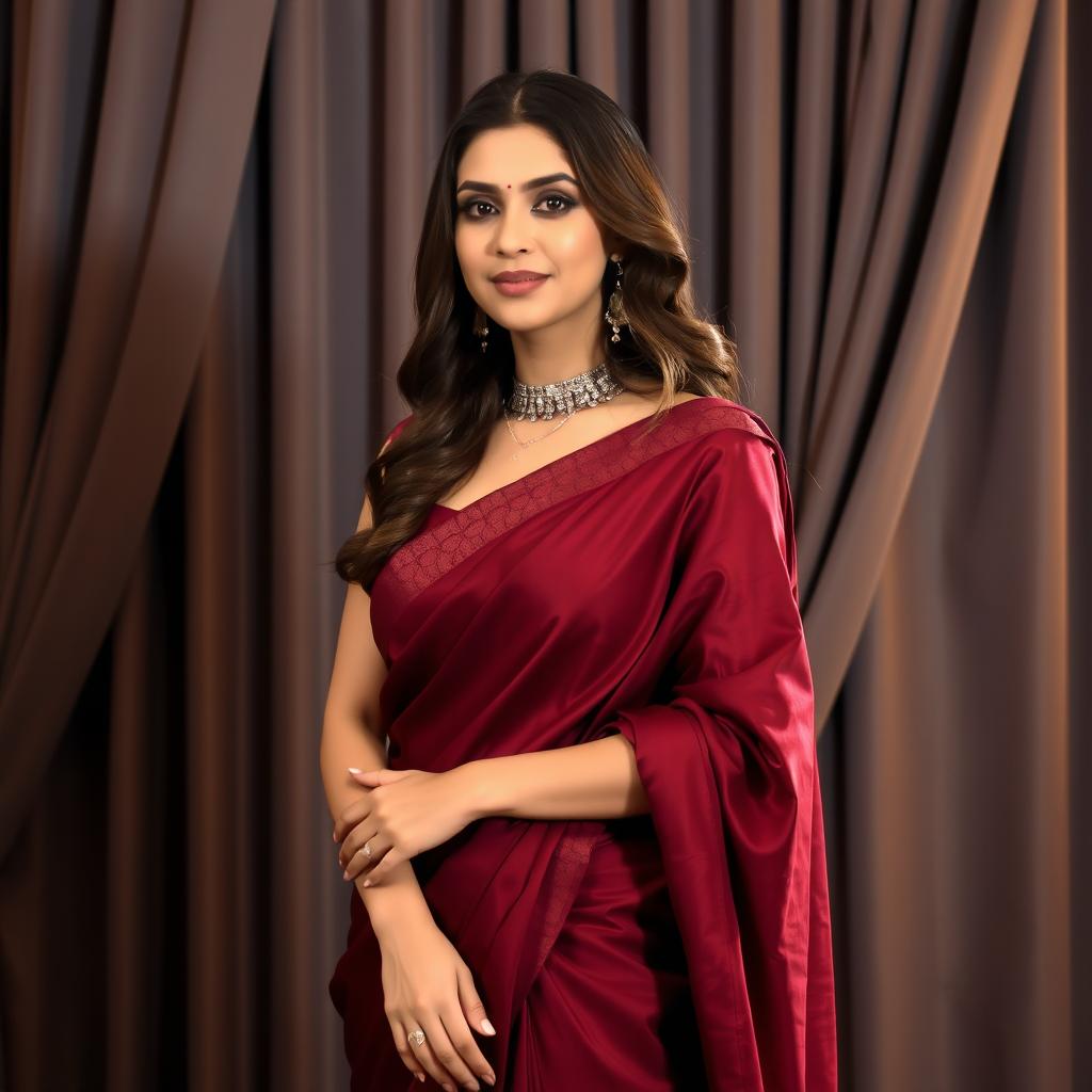 A graceful woman in a deep maroon saree with elegant draping, standing in a poised manner