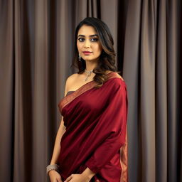 A graceful woman in a deep maroon saree with elegant draping, standing in a poised manner
