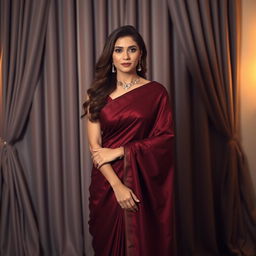 A graceful woman in a deep maroon saree with elegant draping, standing in a poised manner