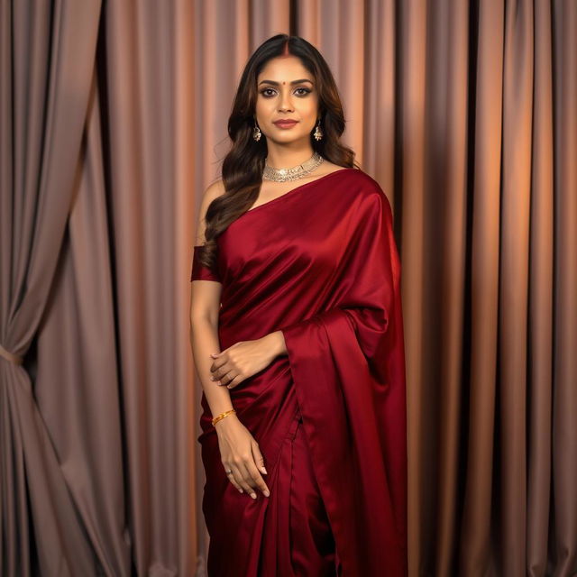 A graceful woman in a deep maroon saree with elegant draping, standing in a poised manner