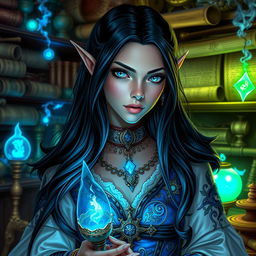 A stunning elvish artificer with long black hair cascading down their shoulders, sharp blue eyes filled with intelligence and creativity
