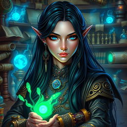 A stunning elvish artificer with long black hair cascading down their shoulders, sharp blue eyes filled with intelligence and creativity