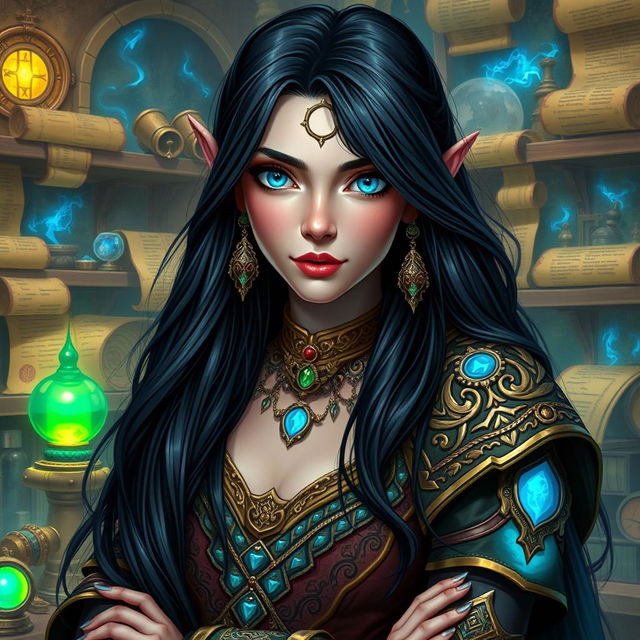 A stunning elvish artificer with long black hair cascading down their shoulders, sharp blue eyes filled with intelligence and creativity