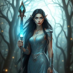 An elegant elvish woman with long, flowing black hair and striking blue eyes, standing tall in an enchanted forest