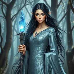 An elegant elvish woman with long, flowing black hair and striking blue eyes, standing tall in an enchanted forest