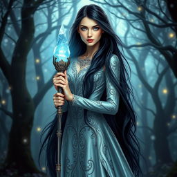 An elegant elvish woman with long, flowing black hair and striking blue eyes, standing tall in an enchanted forest