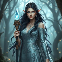 An elegant elvish woman with long, flowing black hair and striking blue eyes, standing tall in an enchanted forest