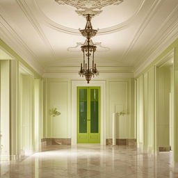 A classic and professional hall interior with white and lime colour scheme