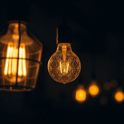 An artistic representation of a glowing photo bulb lighting up a dark room, showcasing intricate glass patterns and warm colors