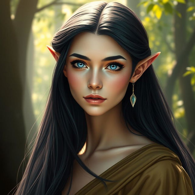 A captivating elvish woman with long, silky black hair cascading down her shoulders and vibrant blue eyes that sparkle with wisdom and magic