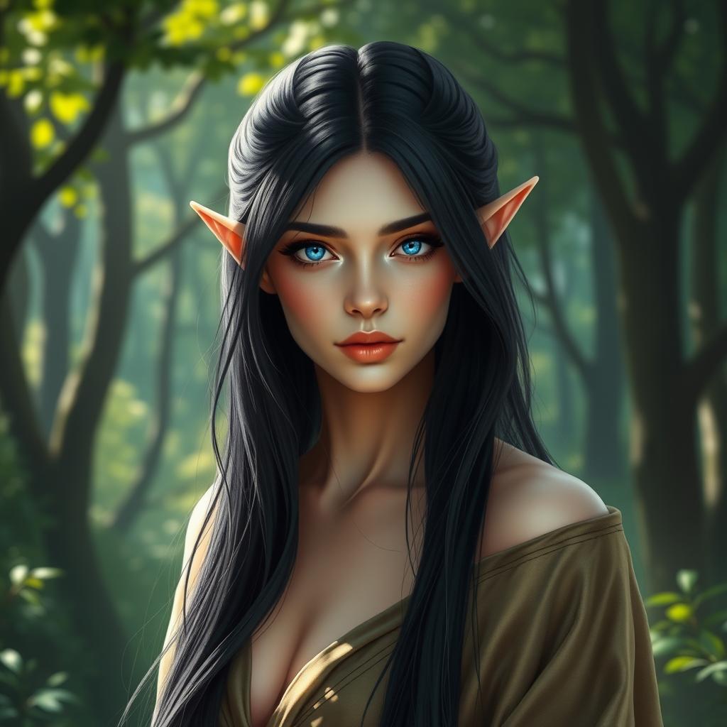 A captivating elvish woman with long, silky black hair cascading down her shoulders and vibrant blue eyes that sparkle with wisdom and magic