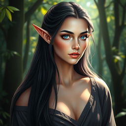 A captivating elvish woman with long, silky black hair cascading down her shoulders and vibrant blue eyes that sparkle with wisdom and magic