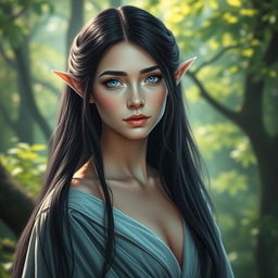 A captivating elvish woman with long, silky black hair cascading down her shoulders and vibrant blue eyes that sparkle with wisdom and magic