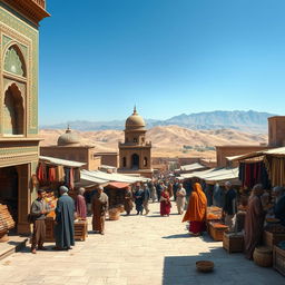 A historical scene depicting Iran in the 1800s, showcasing traditional Persian architecture with intricate tile work and ornate details
