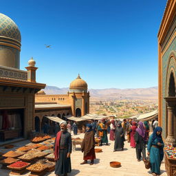 A historical scene depicting Iran in the 1800s, showcasing traditional Persian architecture with intricate tile work and ornate details