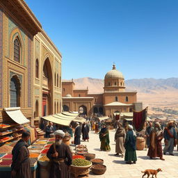 A historical scene depicting Iran in the 1800s, showcasing traditional Persian architecture with intricate tile work and ornate details
