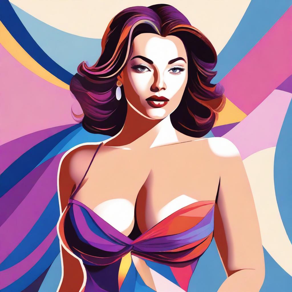 A digital art image of a young woman with fair skin and a voluptuous figure, dressed in a stylish top and no skirt