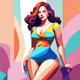 A digital art image of a young woman with fair skin and a voluptuous figure, dressed in a stylish top and no skirt