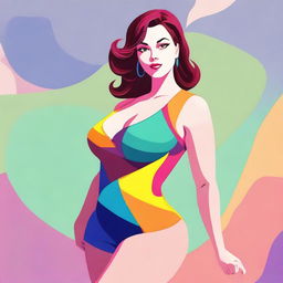 A digital art image of a young woman with fair skin and a voluptuous figure, dressed in a stylish top and no skirt