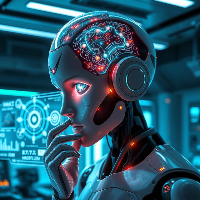 A futuristic scene featuring a humanoid robot deep in thought, with a glowing brain represented as an intricate network of lights and circuits inside its head