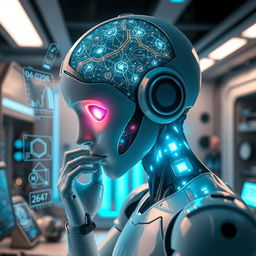 A futuristic scene featuring a humanoid robot deep in thought, with a glowing brain represented as an intricate network of lights and circuits inside its head