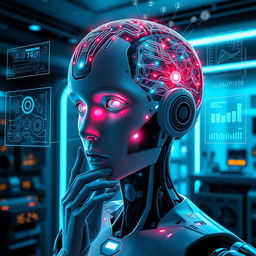 A futuristic scene featuring a humanoid robot deep in thought, with a glowing brain represented as an intricate network of lights and circuits inside its head