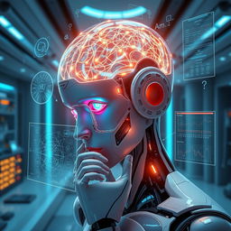 A futuristic scene featuring a humanoid robot deep in thought, with a glowing brain represented as an intricate network of lights and circuits inside its head